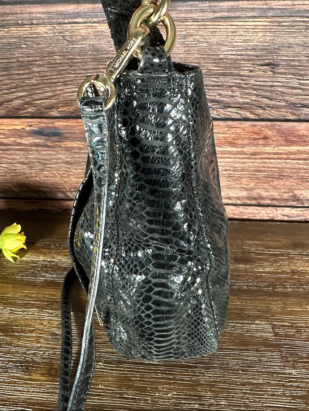 Michael Kors Black Snakeskin-Embossed Crossbody Bag with Gold Hardware - Picture 3 of 7